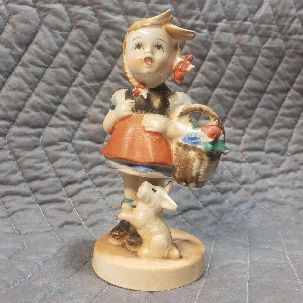 Vintage Japanese Ceramic Girl Figurine with Dog and Flower Basket